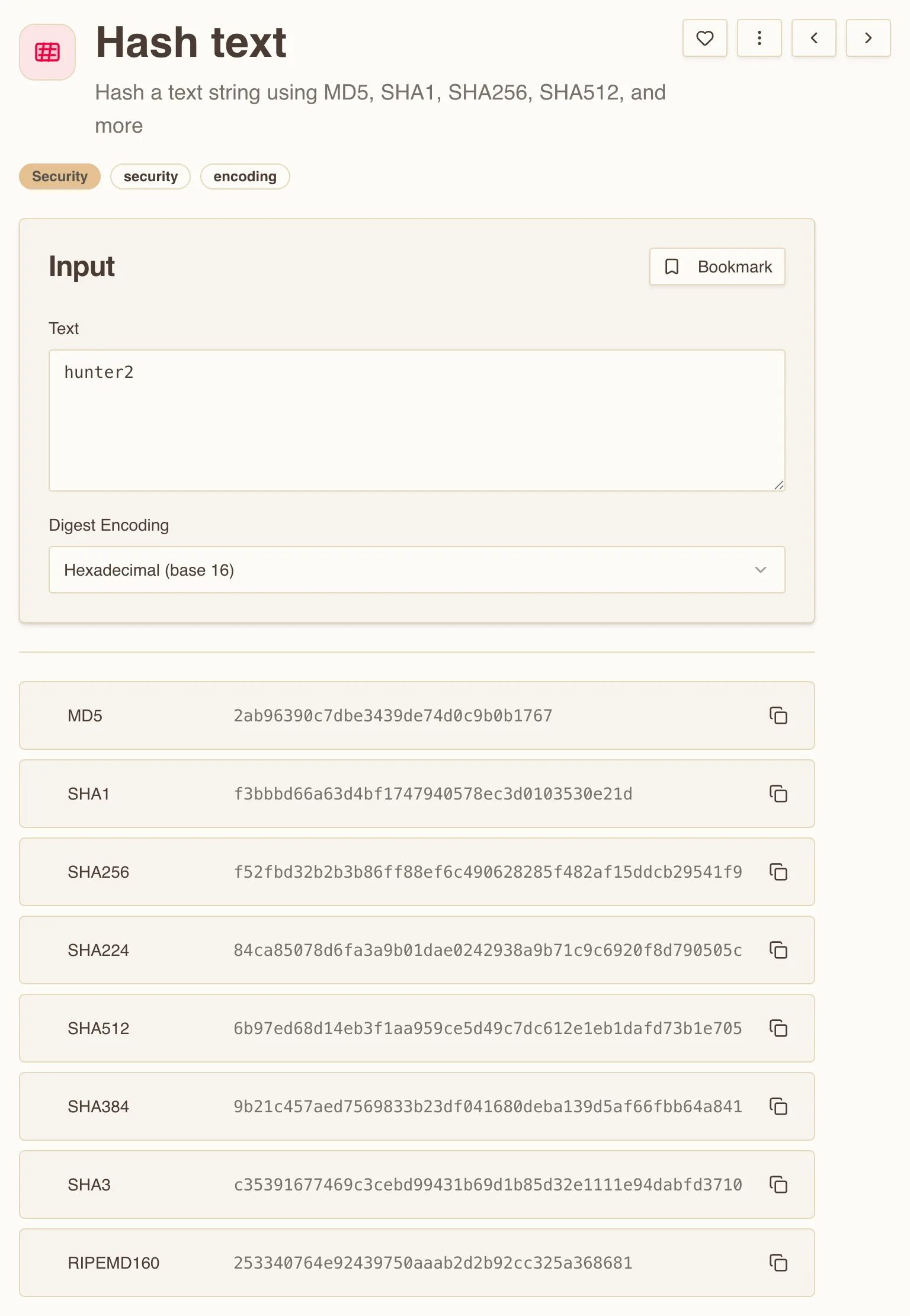 Hash text tool showing hunter2 hashed to eight algorithm rows, with SHA256 reading f52fbd32b2b3b86ff88ef6c490628285f482af15ddcb29541f94bcf526a3f6c7 and MD5 reading 2ab96390c7dbe3439de74d0c9b0b1767.