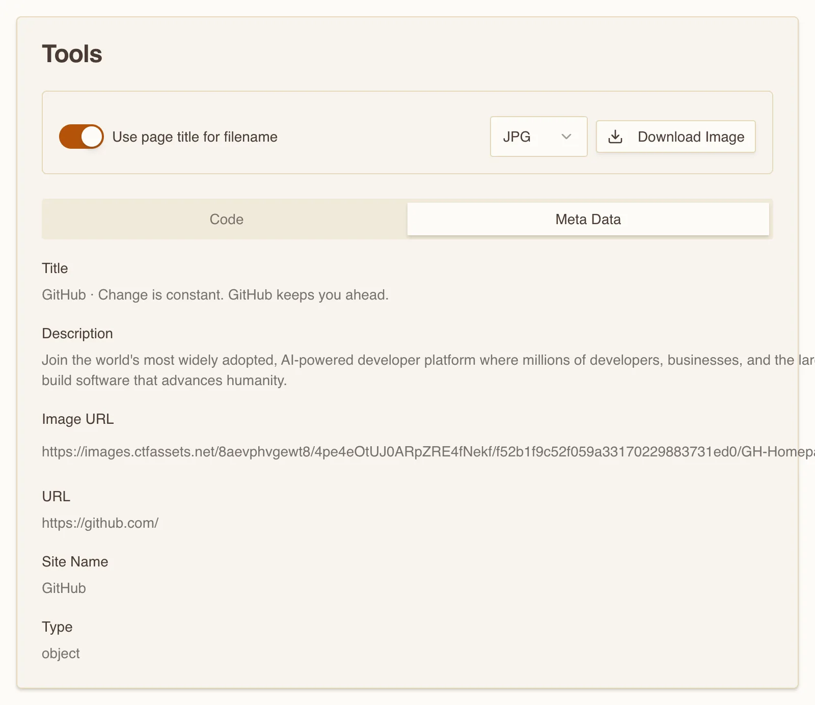 The Meta Data tab of the Open Graph Preview tool listing the parsed values for github.com: title, description, the absolute images.ctfassets.net image URL, the canonical URL, site name GitHub, and type object.