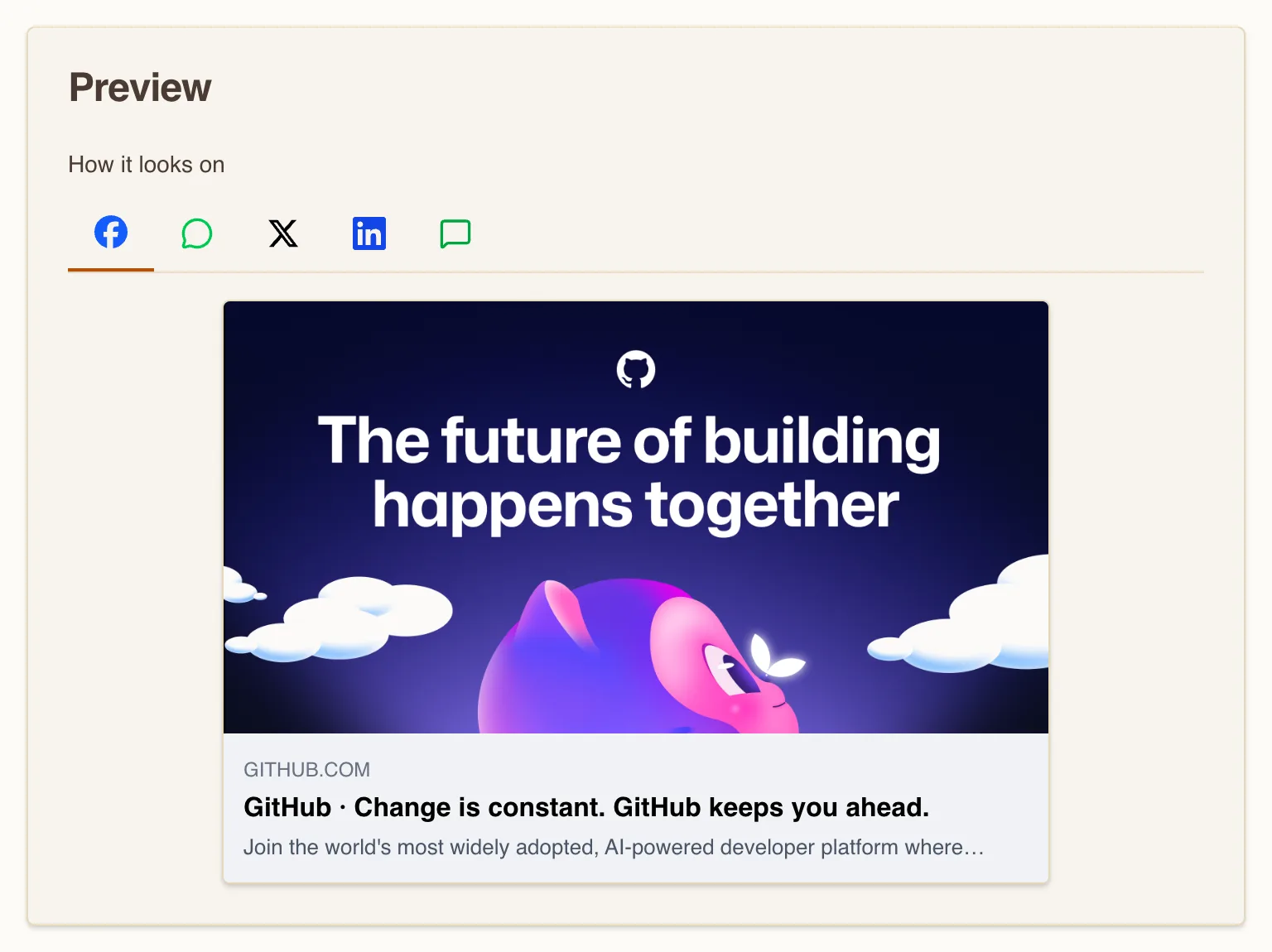 Open Graph Preview showing github.com rendered as a Facebook card: the Universe hero image above the GITHUB.COM domain, the title "GitHub · Change is constant. GitHub keeps you ahead," and the description below it.