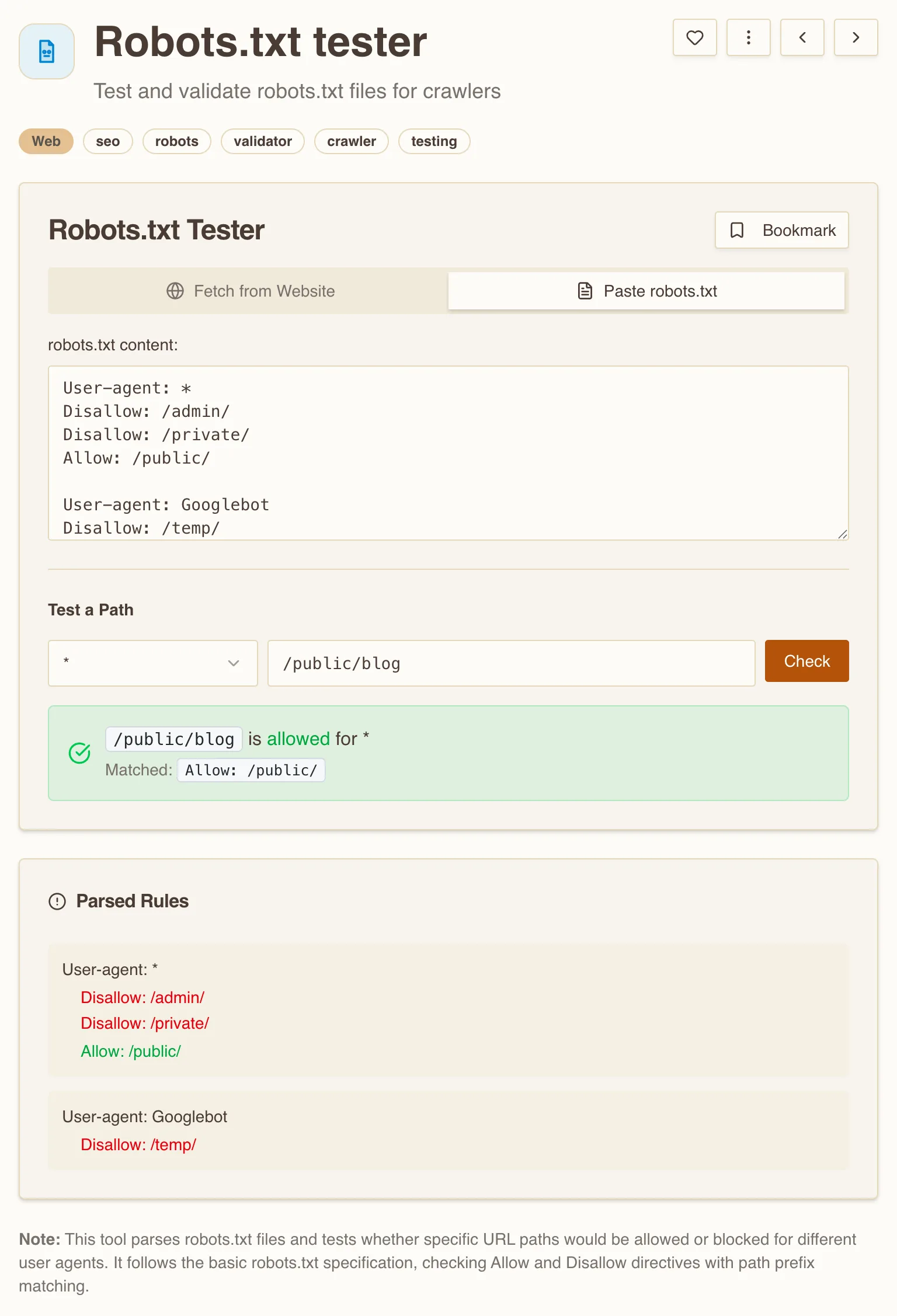 Robots.txt Tester showing /public/blog is allowed for the * user-agent because it matches the Allow: /public/ directive, with the parsed User-agent groups listed underneath