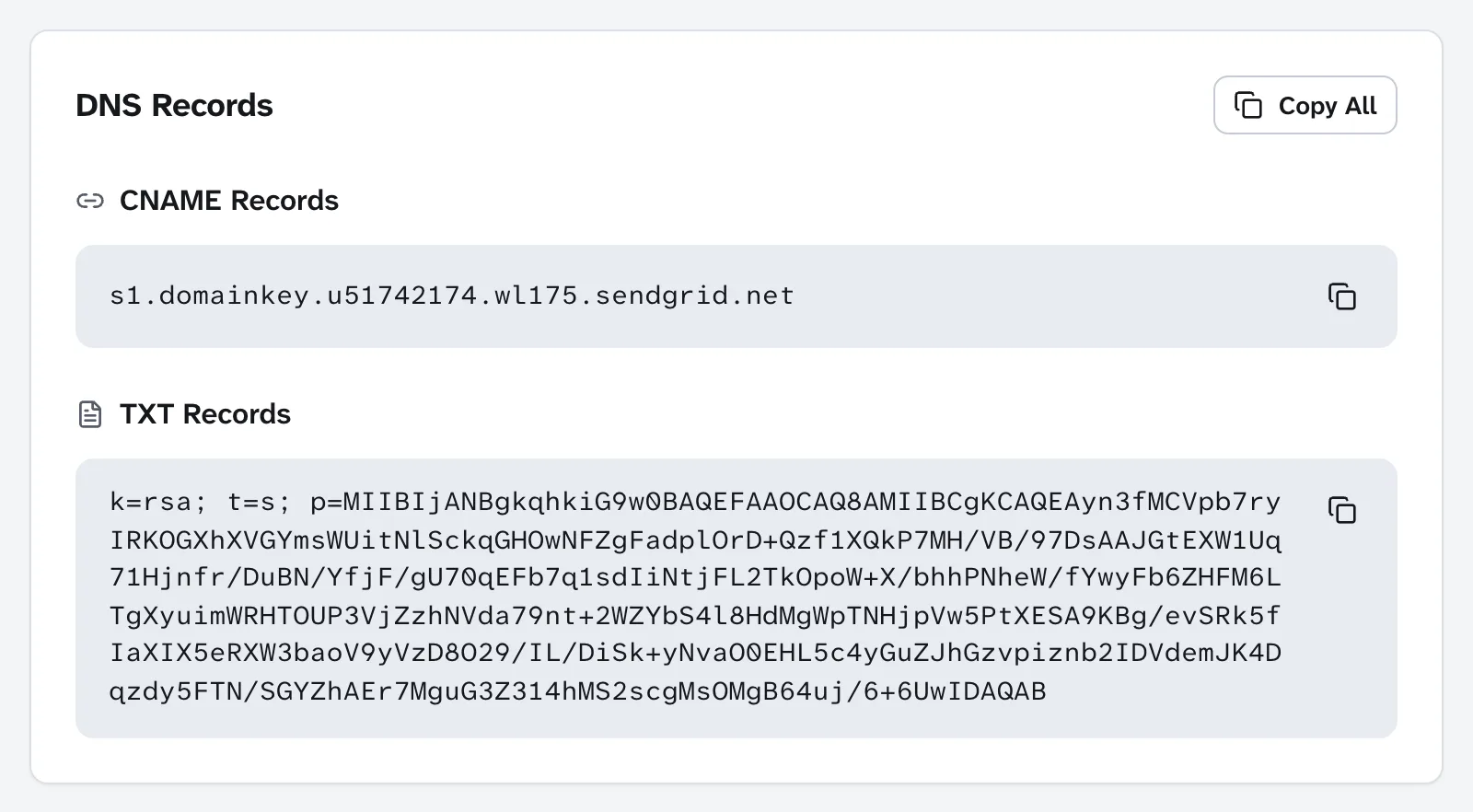 Domain Lookup result for s1._domainkey.github.com showing a CNAME to s1.domainkey.u51742174.wl175.sendgrid.net and the RSA public key TXT record it resolves to