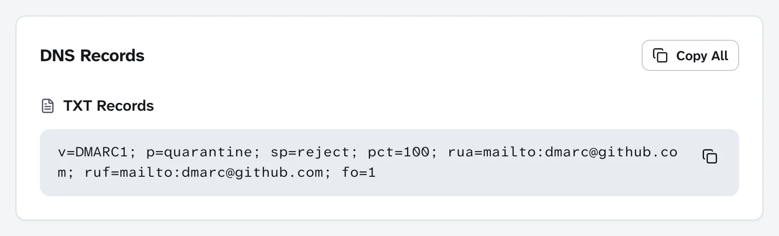 Domain Lookup result for _dmarc.github.com showing a single TXT record: v=DMARC1; p=quarantine; sp=reject; pct=100; rua and ruf reports to dmarc@github.com; fo=1