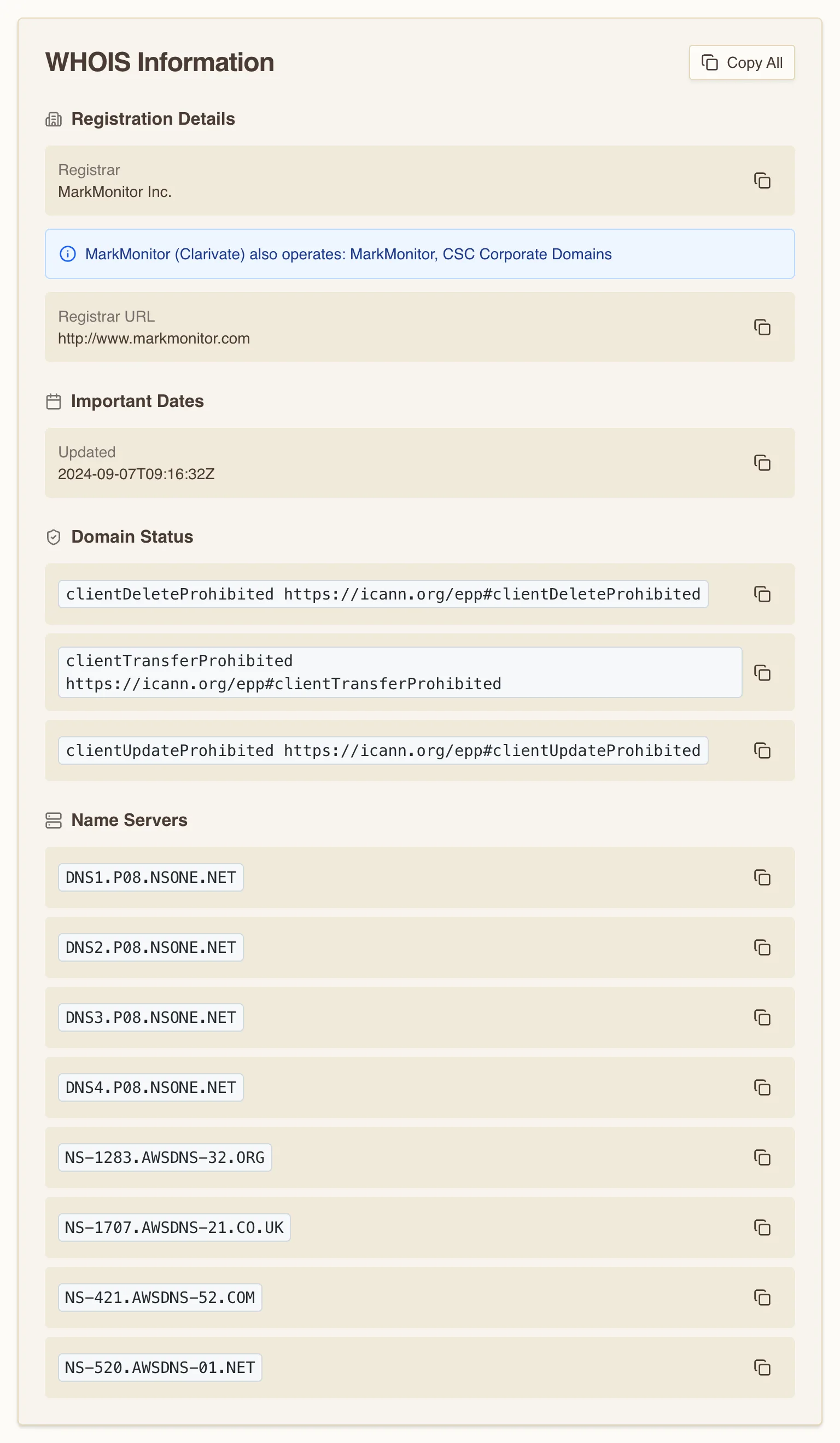 Parsed WHOIS Information card for github.com showing registrar MarkMonitor Inc., a September 2024 last-updated date, three clientProhibited status locks, and the eight delegated NSONE and AWS name servers.