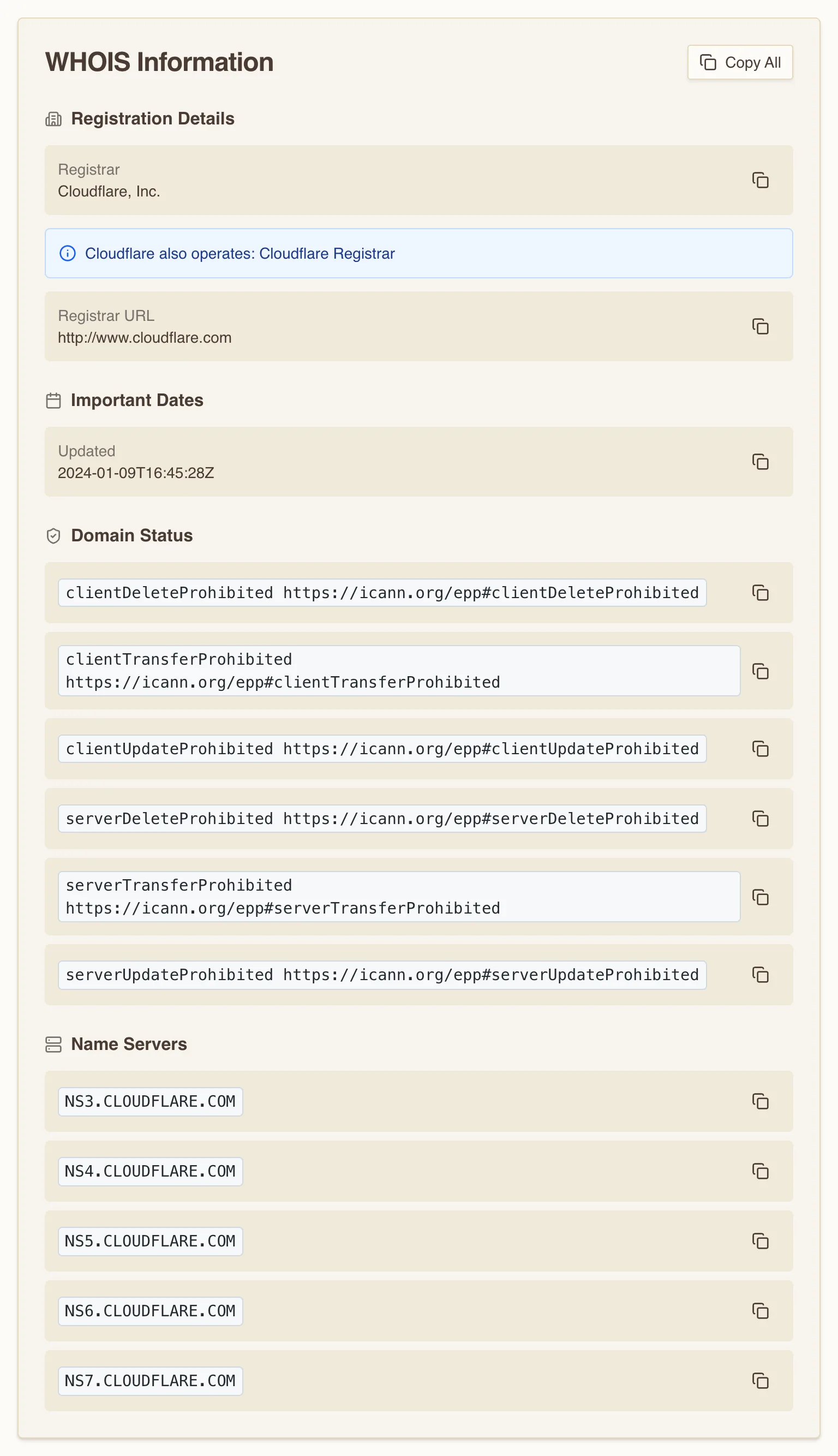 Parsed WHOIS Information card for cloudflare.com showing Cloudflare, Inc. as its own registrar, a January 2024 last-updated date, six status locks spanning the client and server prohibitions, and five Cloudflare name servers.