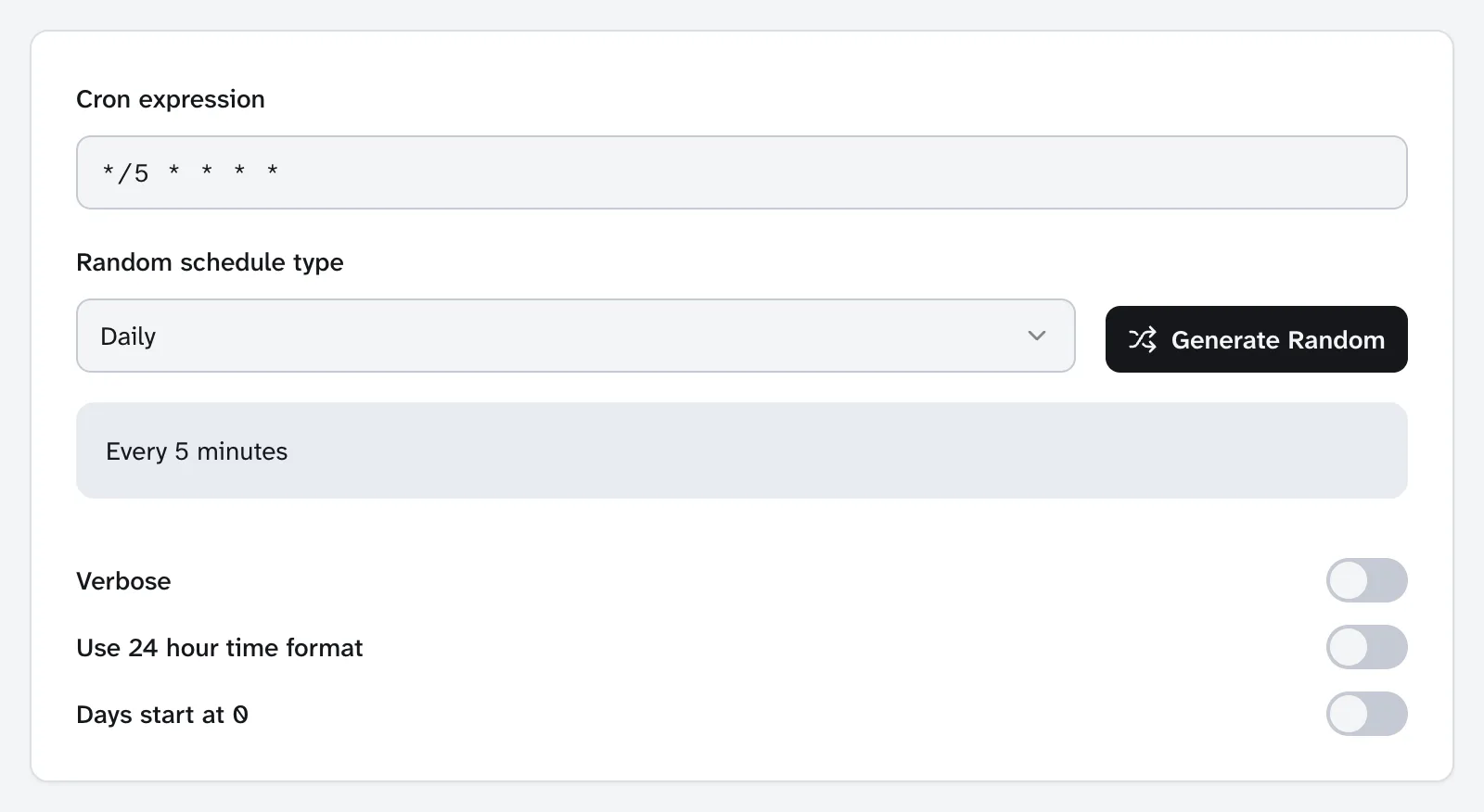 Crontab generator with */5 * * * * entered, translating it as "Every 5 minutes"
